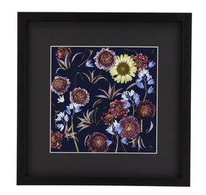 Pressed flowers on navy blue background